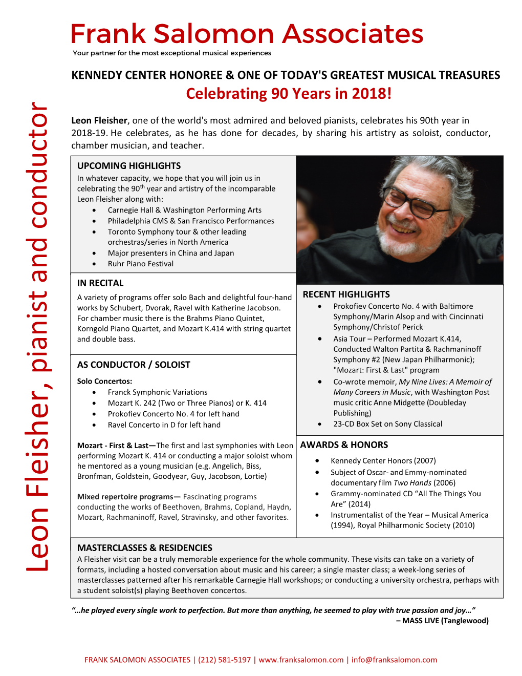 Leon Fleisher, One of the World's Most Admired and Beloved Pianists, Celebrates His 90Th Year in 2018-19