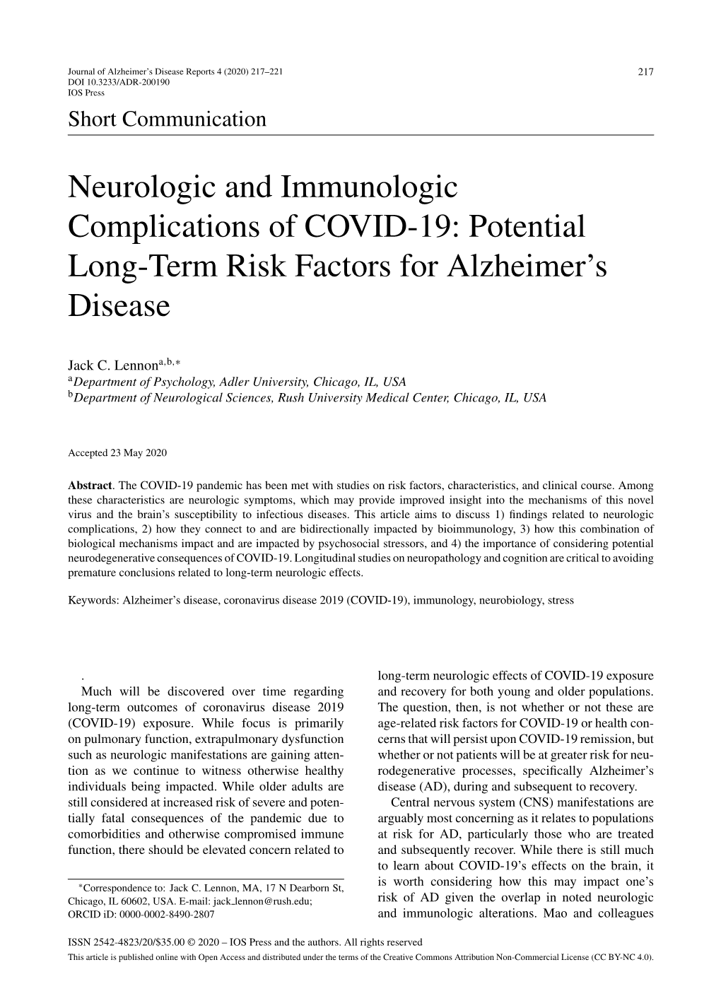 Potential Long-Term Risk Factors for Alzheimer's Disease