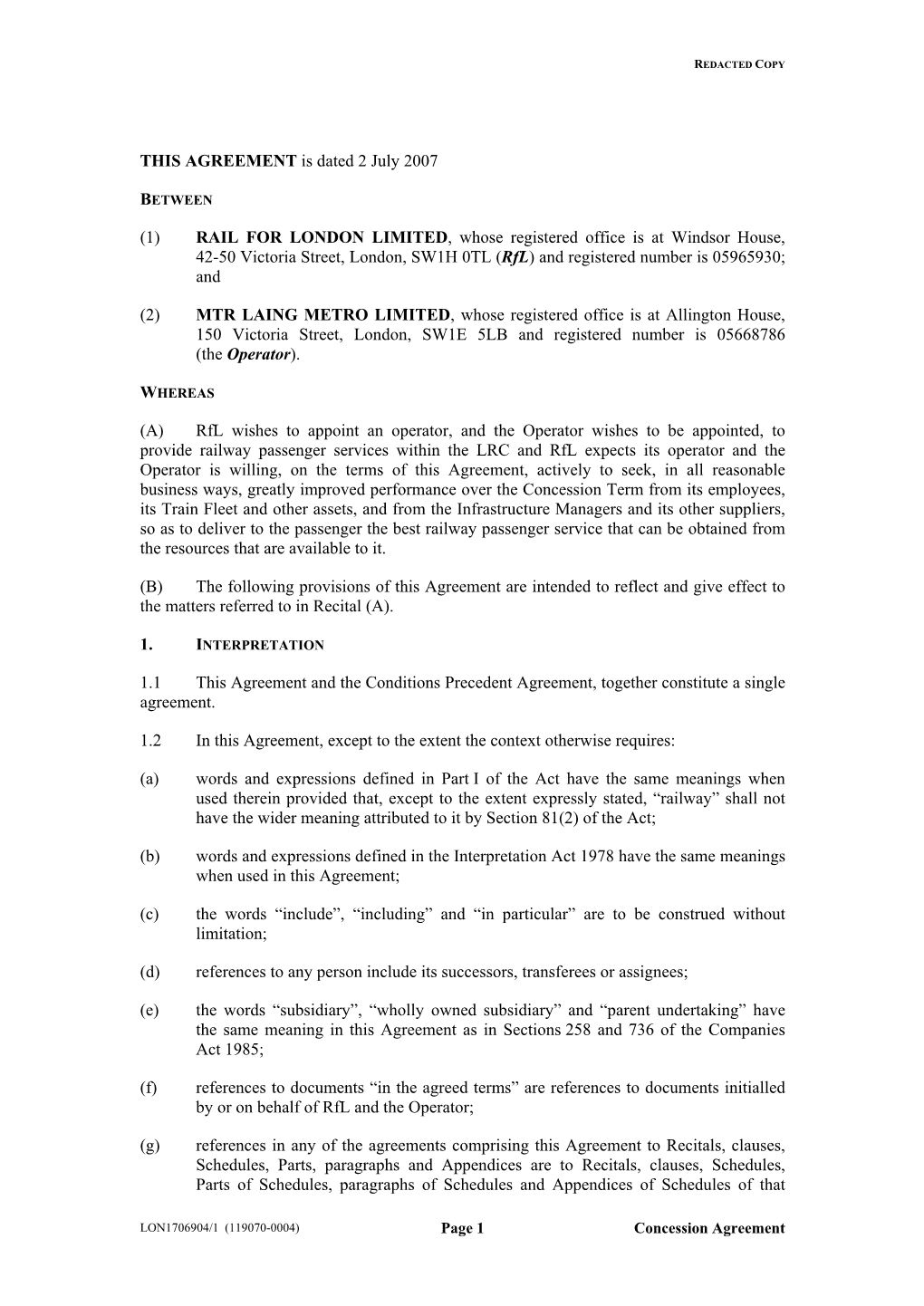 Concession Agreement Between Tfl and London Overground Rail