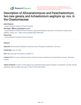 Description of Allocanariomyces and Parachaetomium, Two New Genera, and Achaetomium Aegilopis Sp