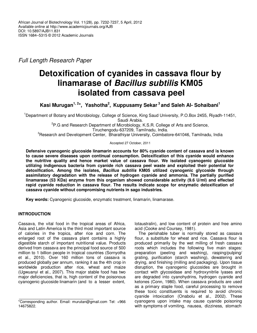 Detoxification of Cyanides in Cassava Flour by Linamarase of Bacillus Subtilis KM05 Isolated from Cassava Peel