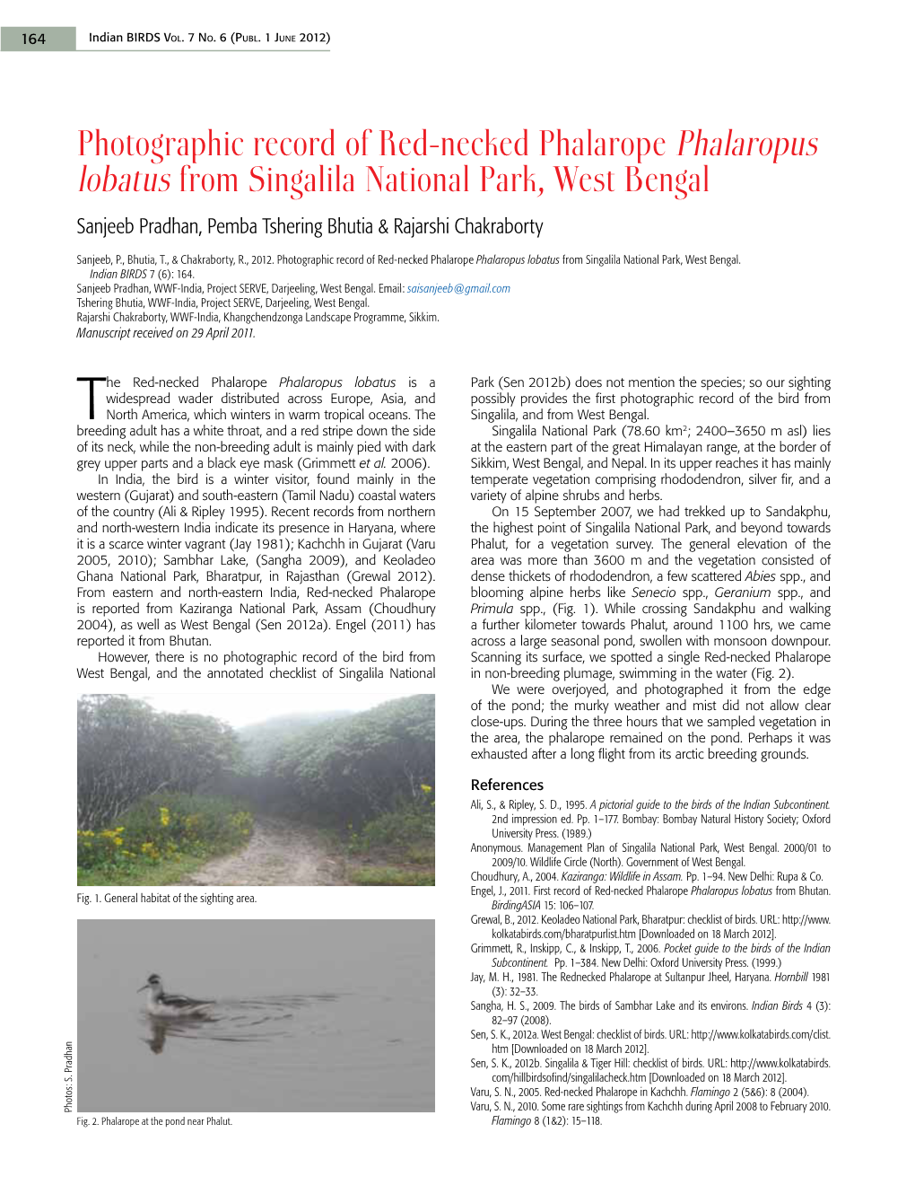 Photographic Record of Red-Necked Phalarope Phalaropus Lobatus from Singalila National Park, West Bengal Sanjeeb Pradhan, Pemba Tshering Bhutia & Rajarshi Chakraborty