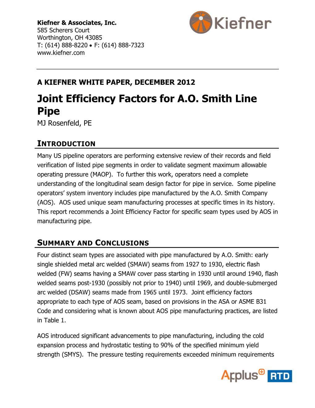 Joint Efficiency Factors for A.O. Smith Line Pipe MJ Rosenfeld, PE