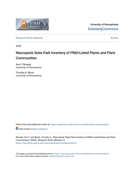 Nescopeck State Park Inventory of PNDI-Listed Plants and Plant Communities
