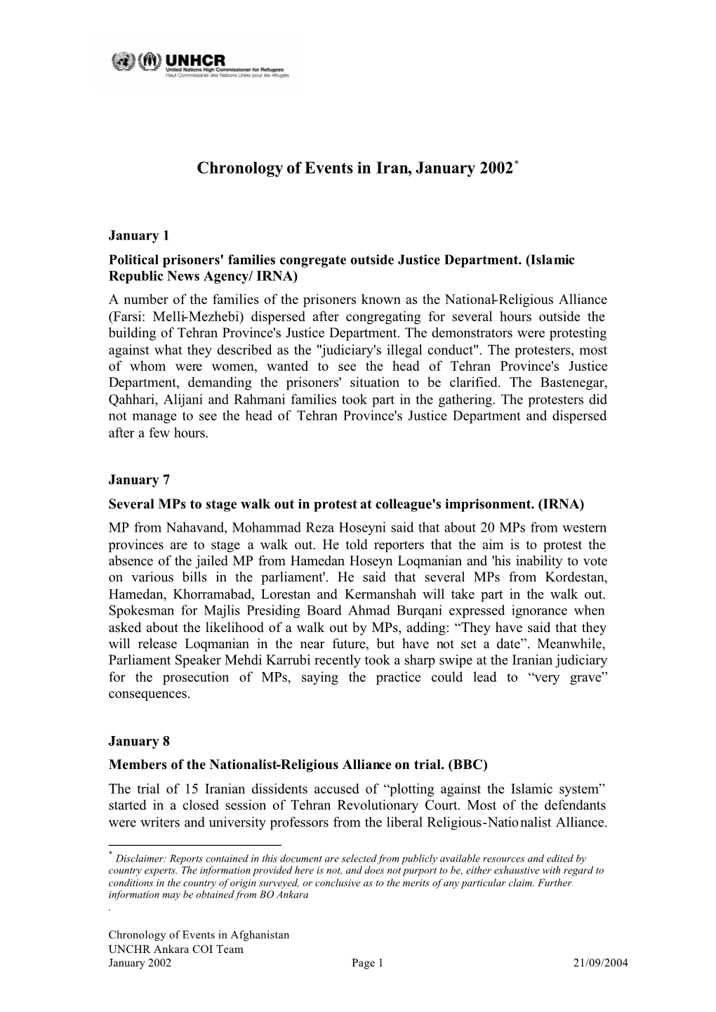 Chronology of Events in Iran, January 2002*