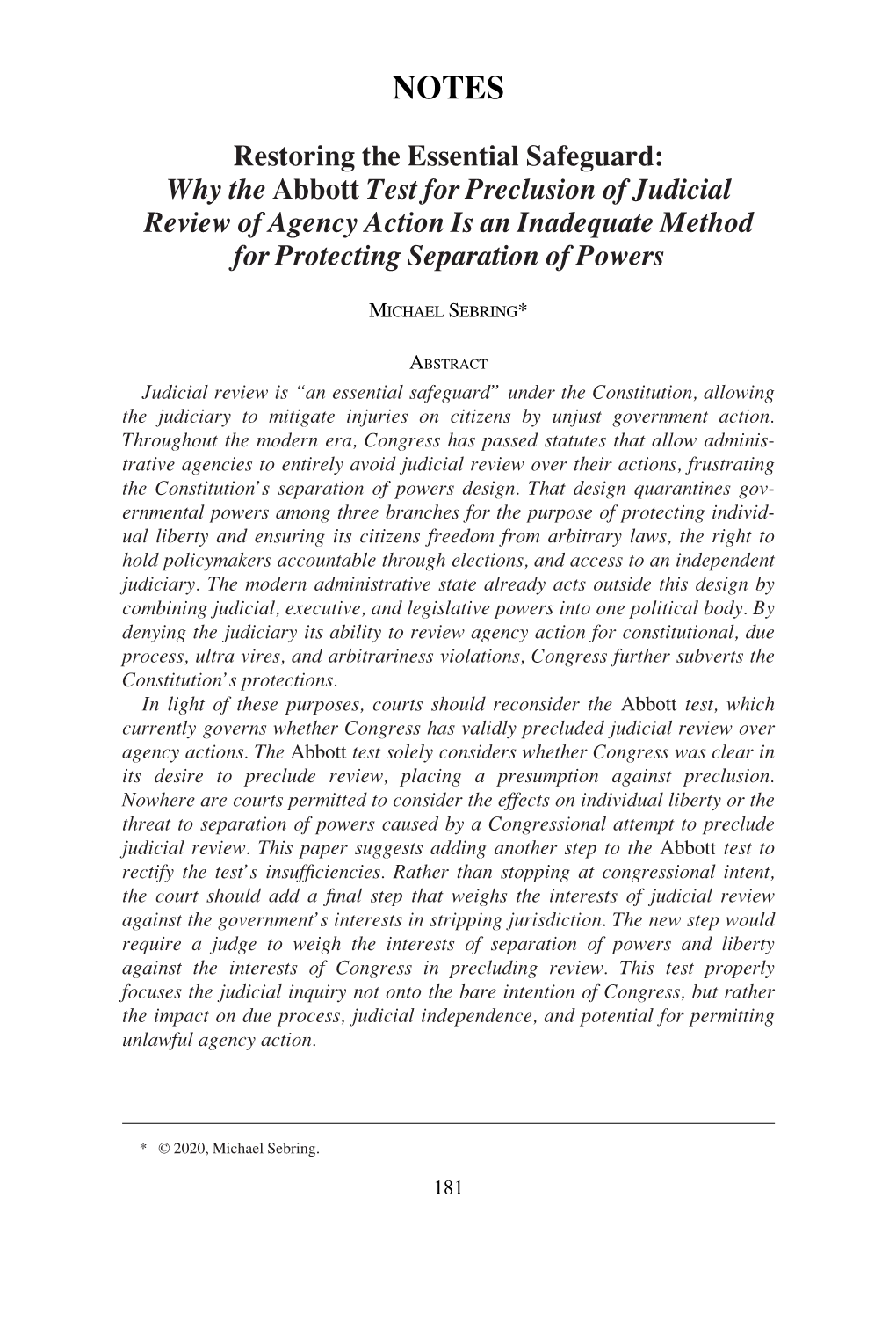 Why the Abbott Test for Preclusion of Judicial Review of Agency Action Is an Inadequate Method for Protecting Separation of Powers