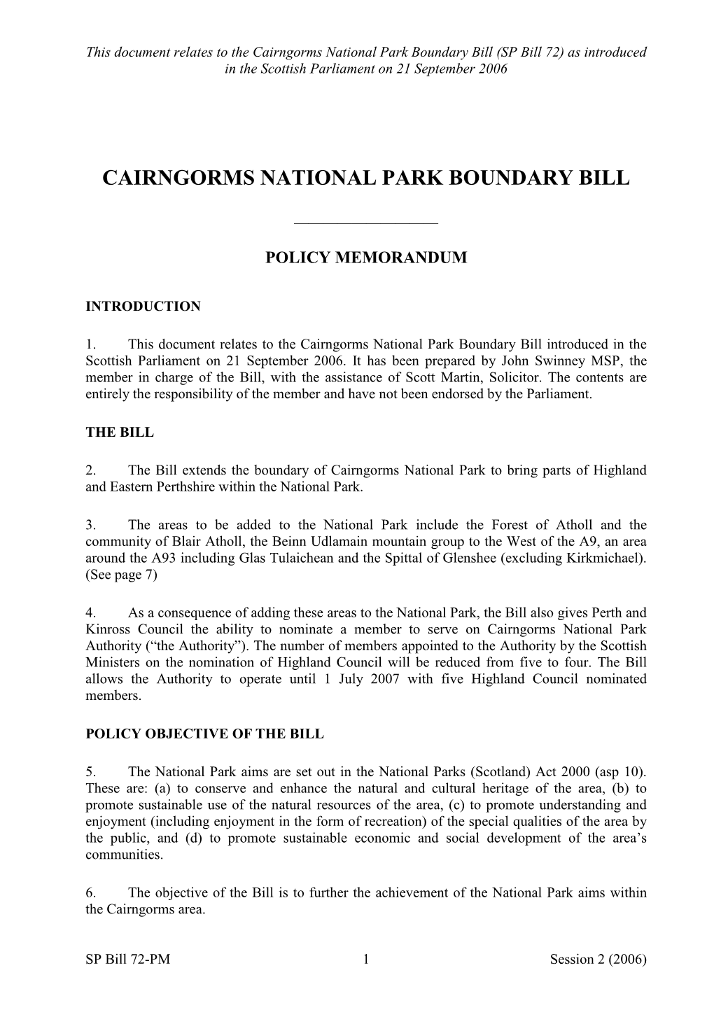 Cairngorms National Park Boundary Bill (SP Bill 72 ) As Introduced in the Scottish Parliament on 21 September 2006