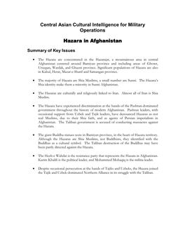 Central Asian Cultural Intelligence for Military Operations Hazara In