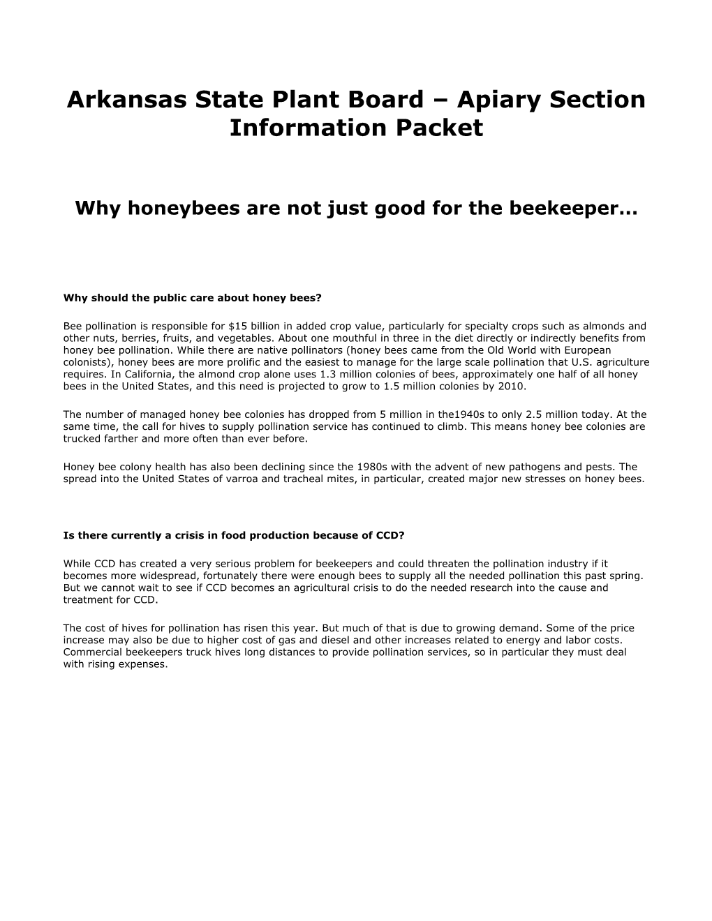 Arkansas State Plant Board – Apiary Section Information Packet