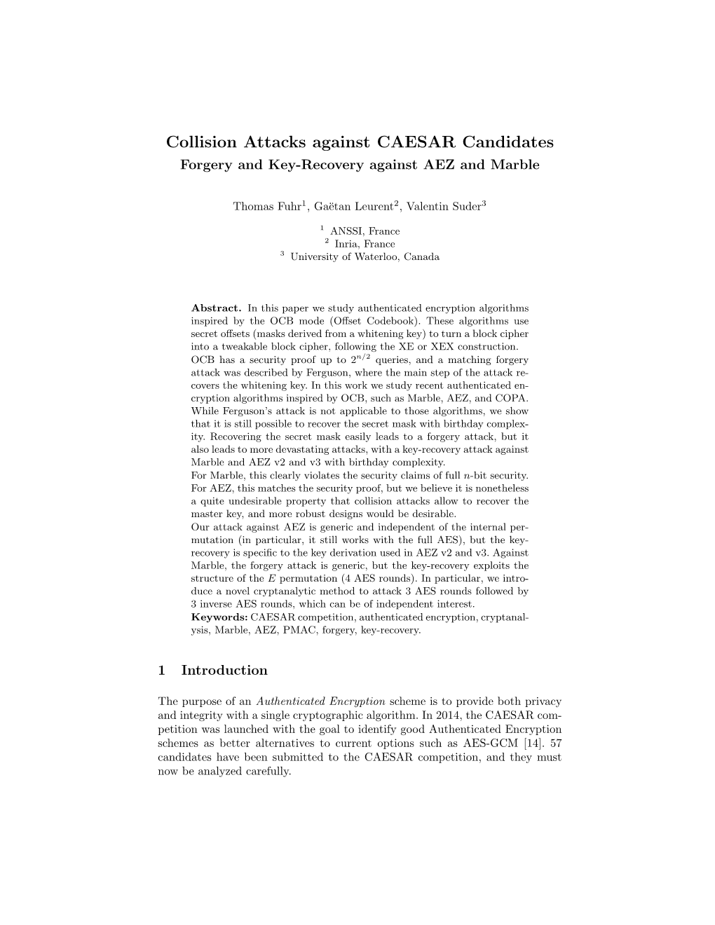 Collision Attacks Against CAESAR Candidates Forgery and Key-Recovery Against AEZ and Marble