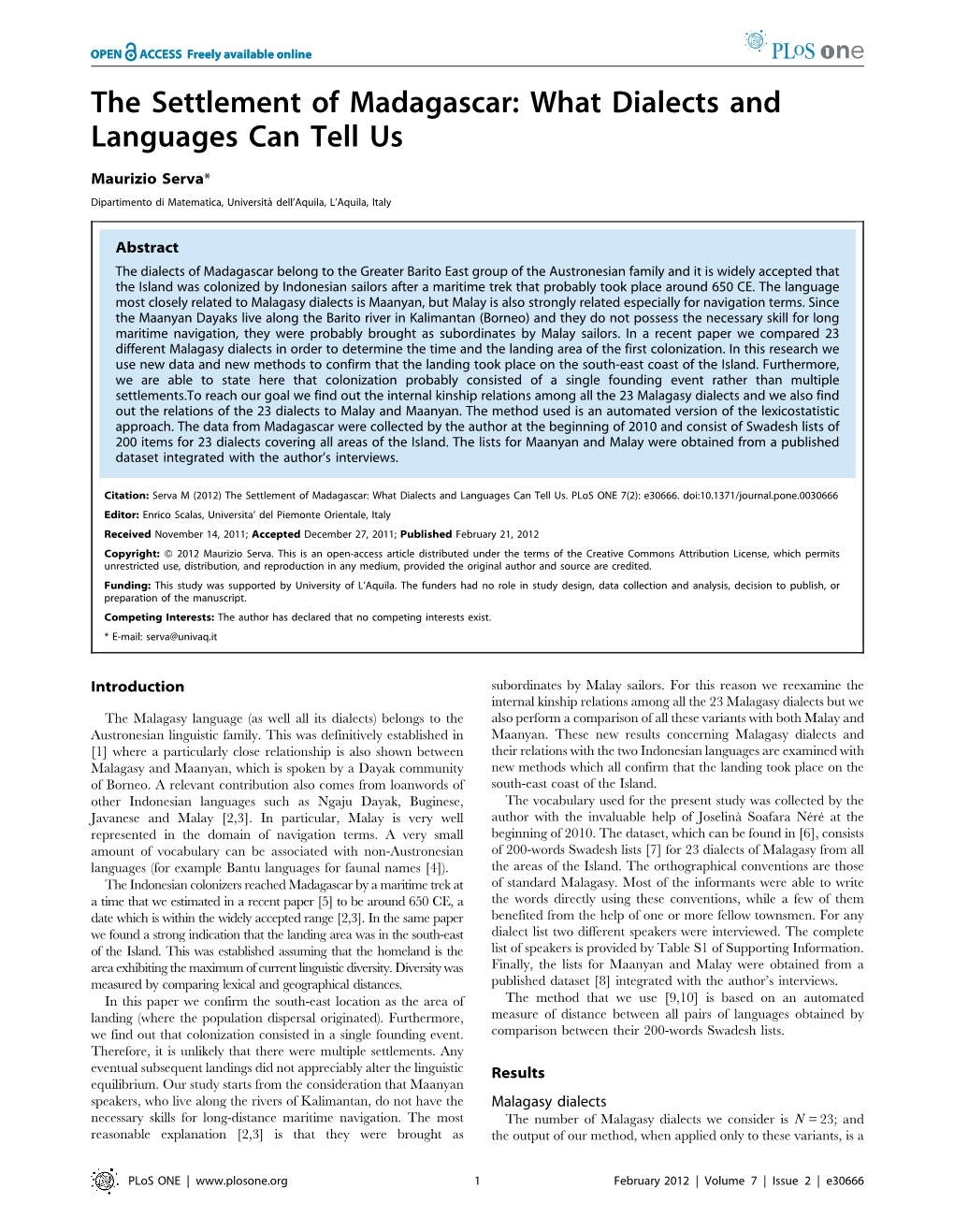 The Settlement of Madagascar: What Dialects and Languages Can Tell Us