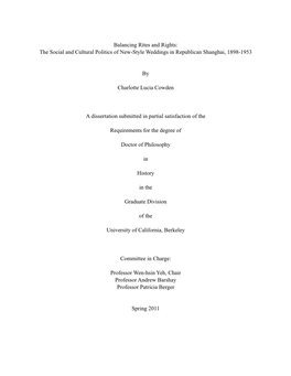 Balancing Rites and Rights: the Social and Cultural Politics of New-Style Weddings in Republican Shanghai, 1898-1953