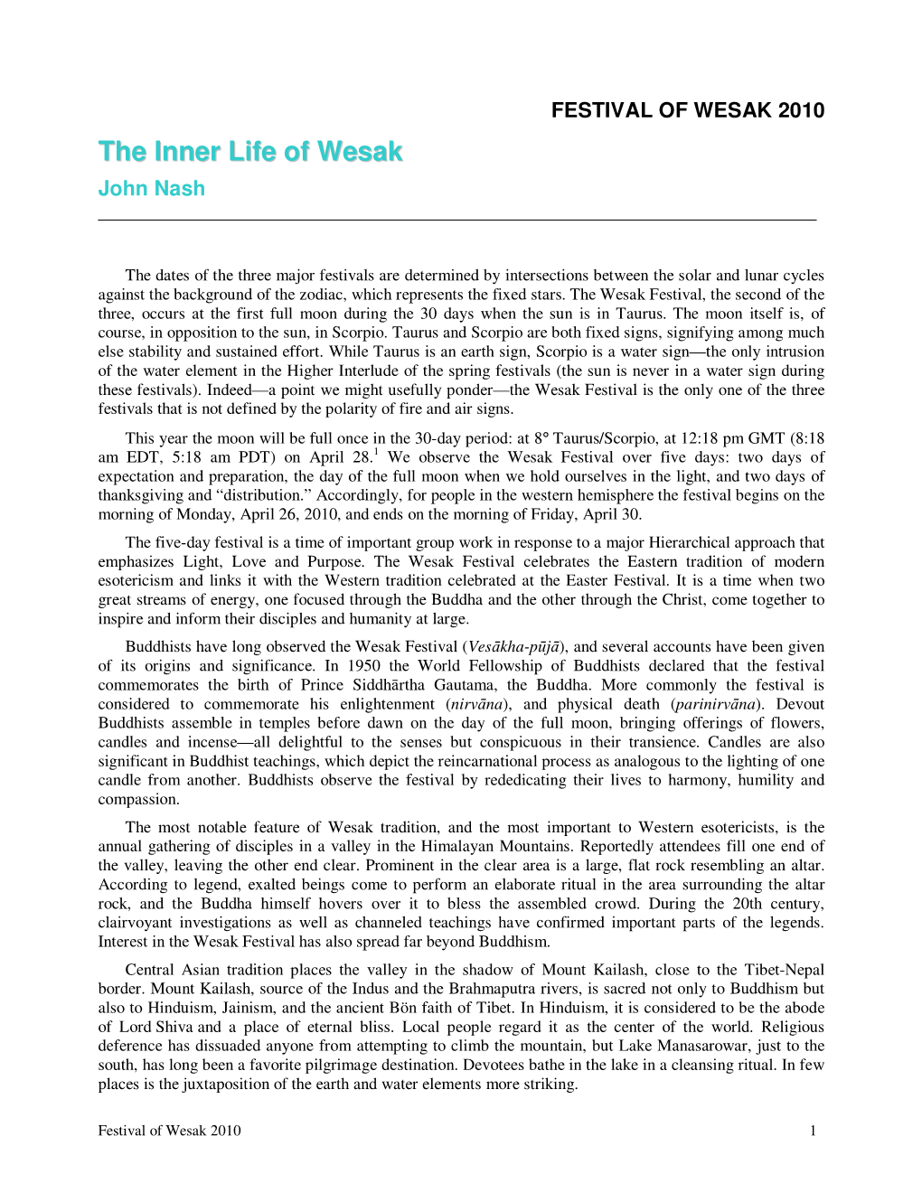 The Inner Life of Wesak John Nash