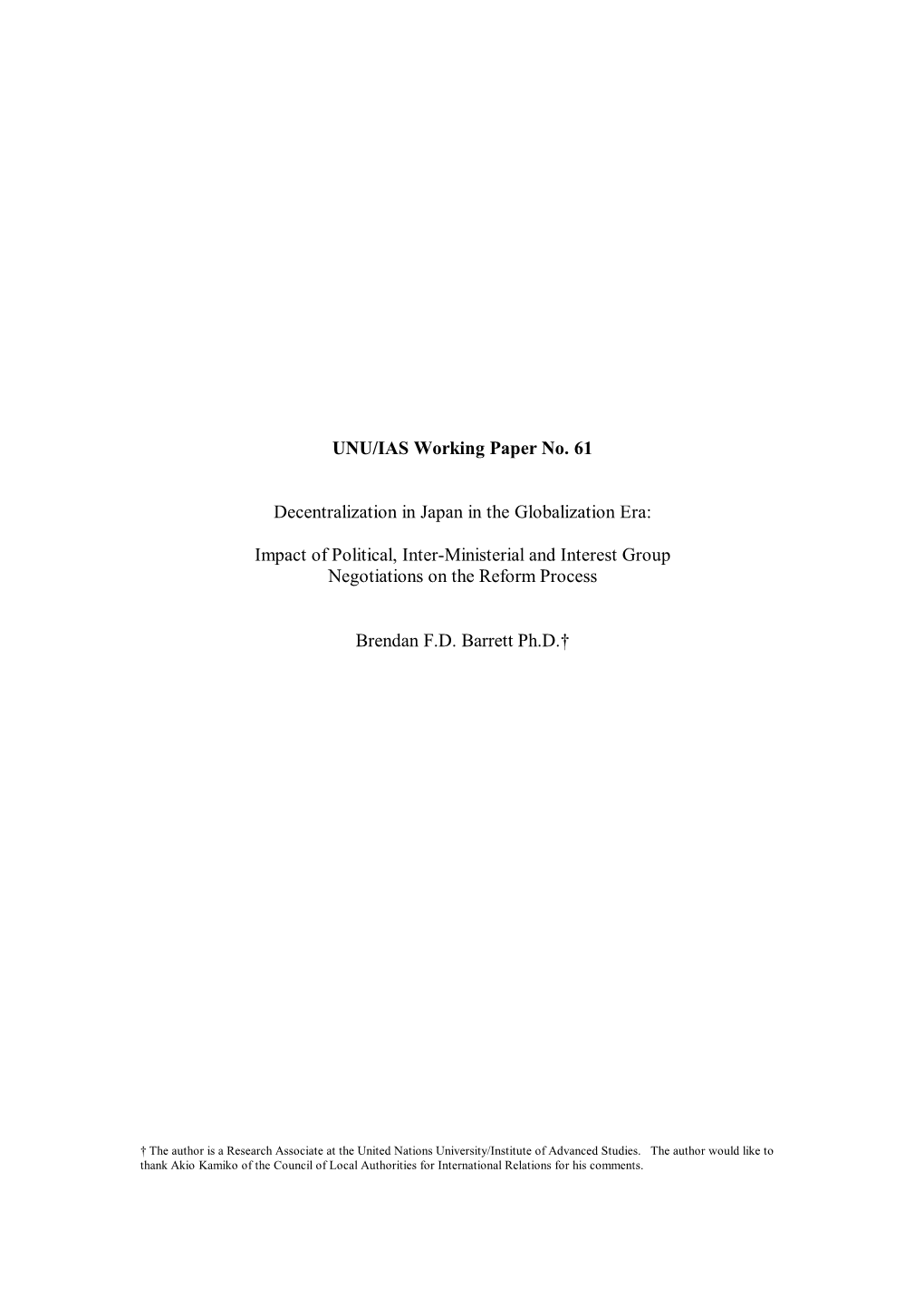 UNU/IAS Working Paper No. 61 Decentralization in Japan in The