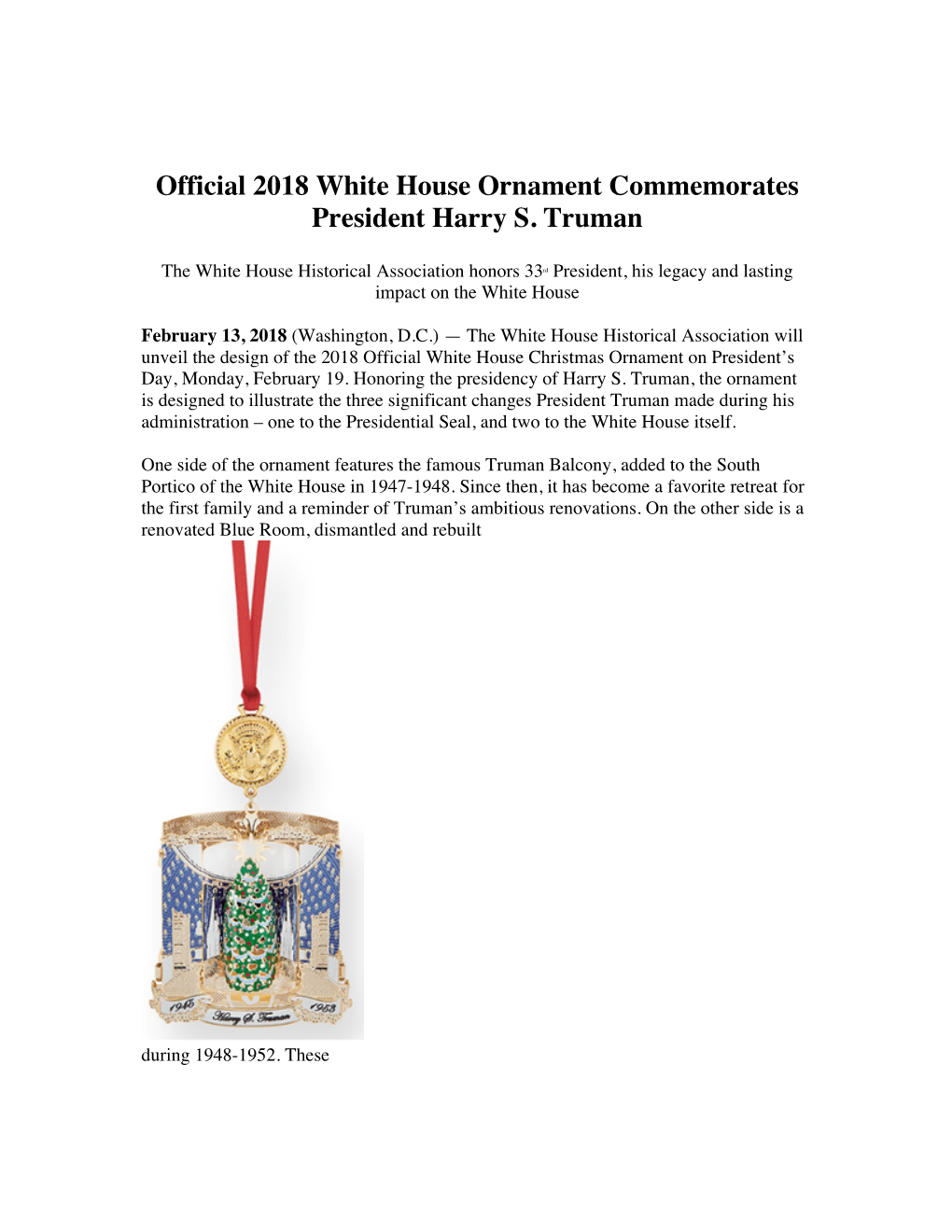 Official 2018 White House Ornament Commemorates President Harry S