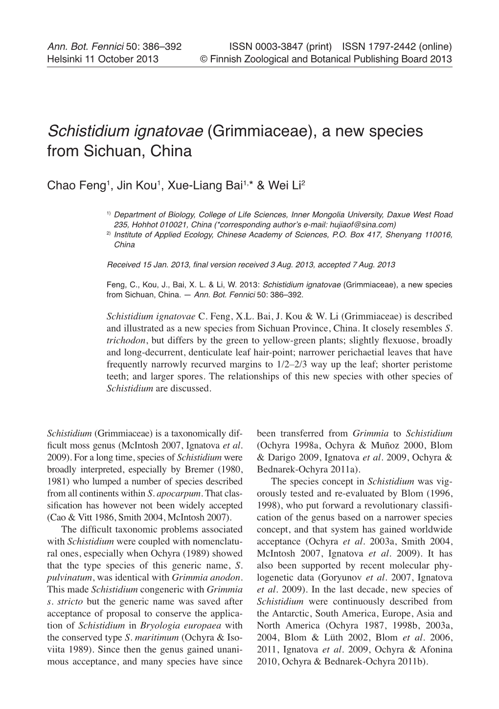 Schistidium Ignatovae (Grimmiaceae), a New Species from Sichuan, China