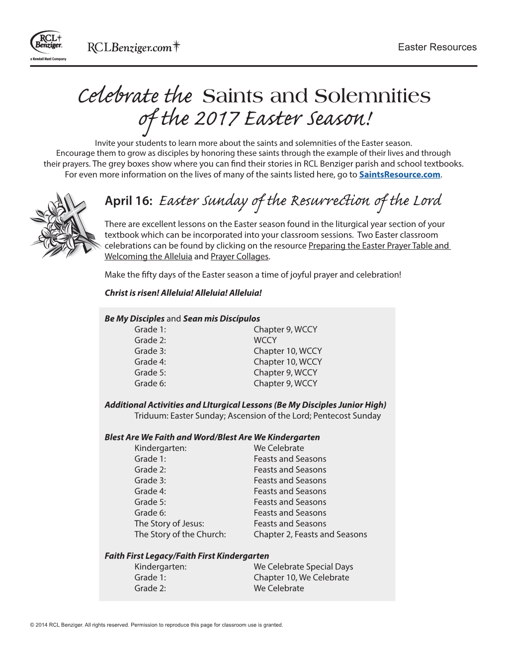 Of the 2017 Easter Season! Invite Your Students to Learn More About the Saints and Solemnities of the Easter Season