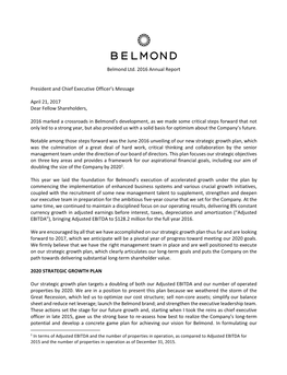 Belmond Ltd. 2016 Annual Report President and Chief Executive