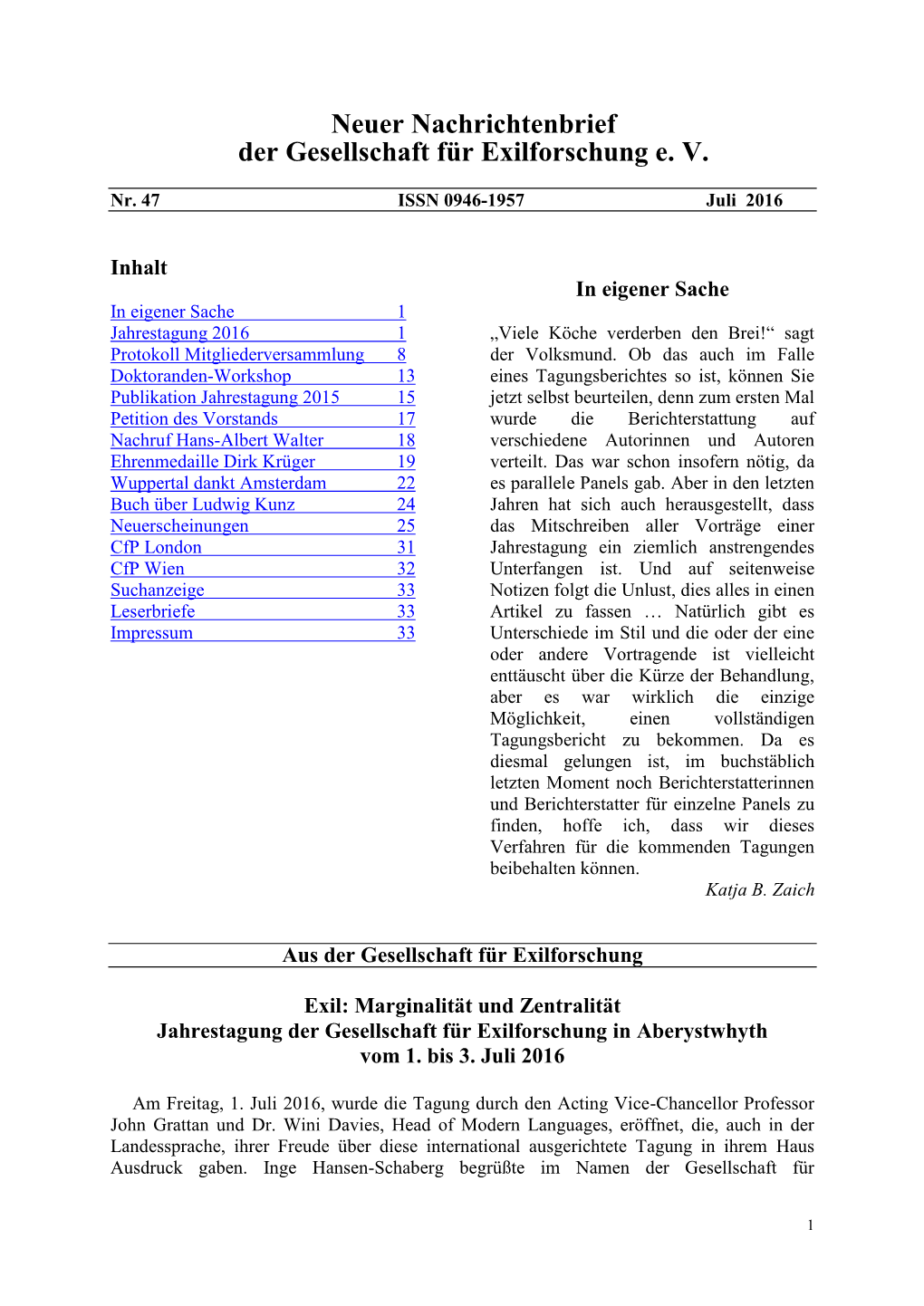 Neuer Nachrichtenbrief Der Gesellschaft Für Exilforschung E. V