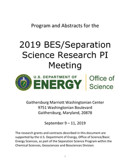 2019 BES/Separation Science Research PI Meeting