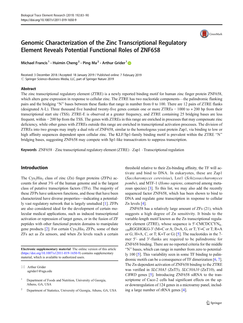 Genomic Characterization of the Zinc Transcriptional Regulatory Element Reveals Potential Functional Roles of ZNF658