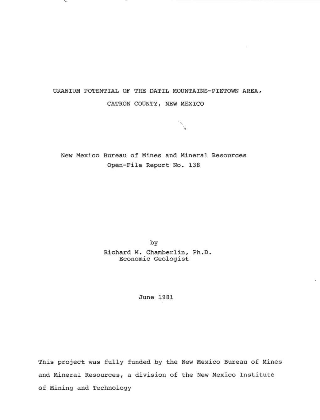 Uranium Potential of the Datil Mountains-Pie Town Area, Catron