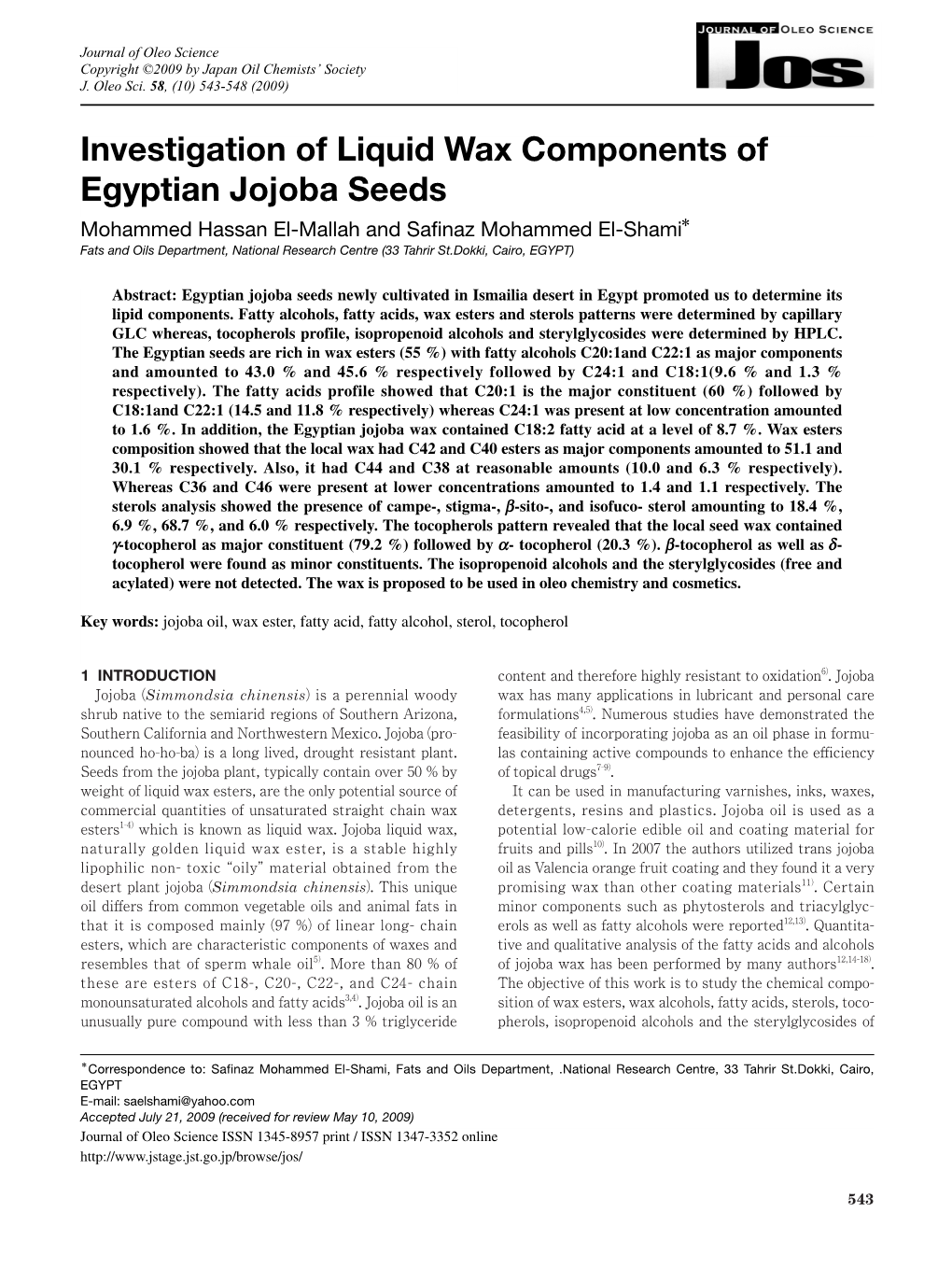 Investigation of Liquid Wax Components of Egyptian Jojoba