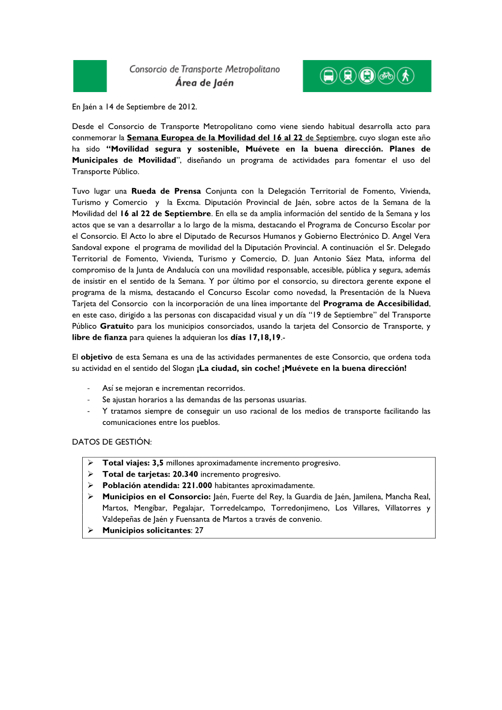 En Jaén a 14 De Septiembre De 2012. Desde El Consorcio De Transporte