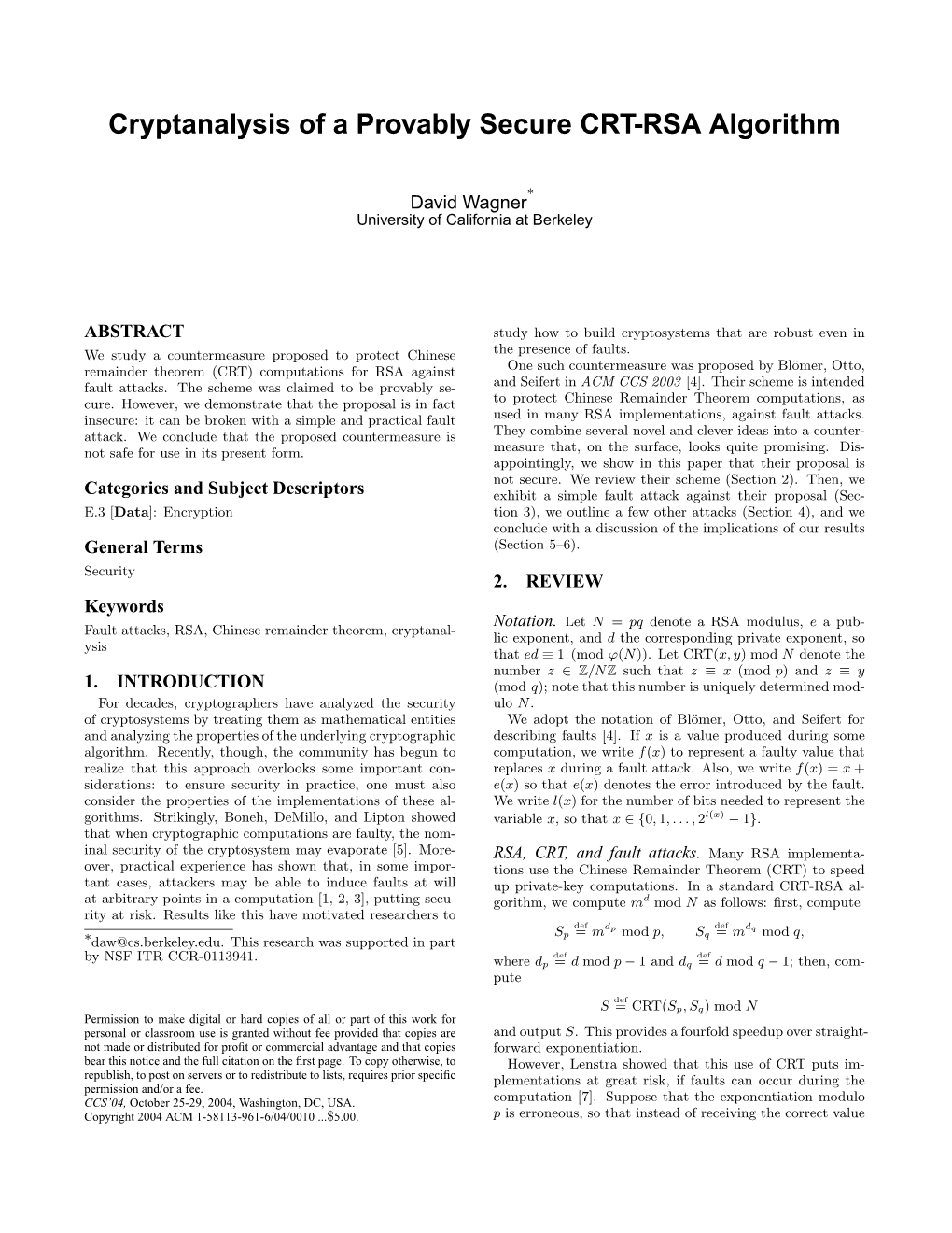 Cryptanalysis of a Provably Secure CRT-RSA Algorithm