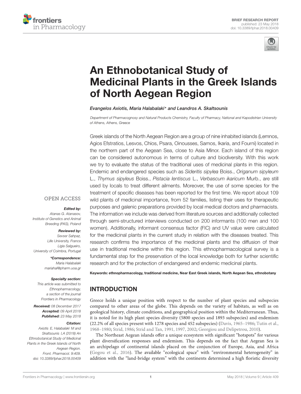 An Ethnobotanical Study of Medicinal Plants in the Greek Islands of North Aegean Region