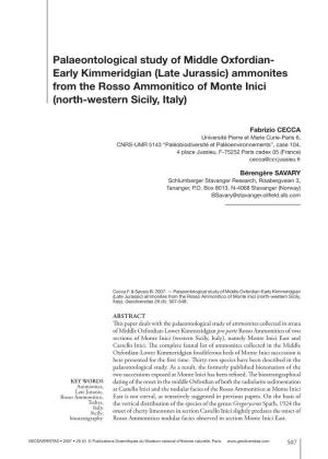 Palaeontological Study of Middle Oxfordian- Early Kimmeridgian (Late Jurassic) Ammonites from the Rosso Ammonitico of Monte Inici (North-Western Sicily, Italy)