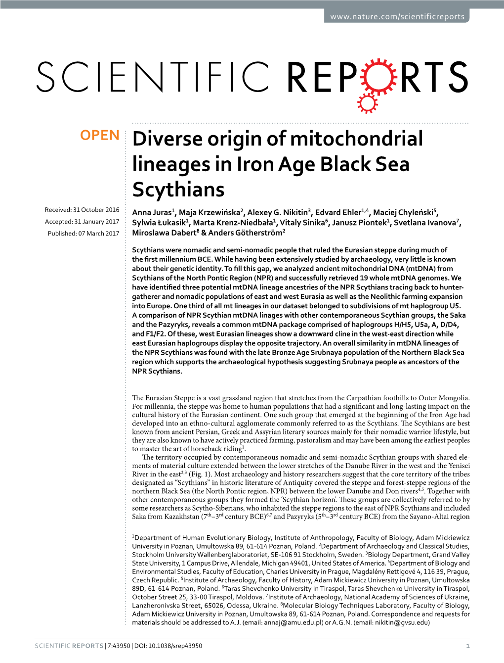 Diverse Origin of Mitochondrial Lineages in Iron Age Black Sea Scythians Received: 31 October 2016 Anna Juras1, Maja Krzewińska2, Alexey G