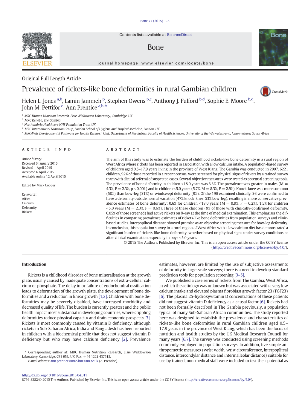 Prevalence of Rickets-Like Bone Deformities in Rural Gambian Children