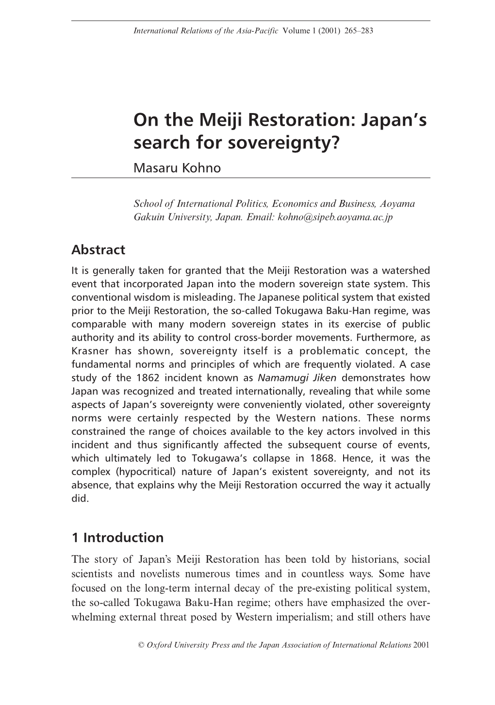 On the Meiji Restoration: Japan's Search for Sovereignty?