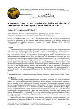 A Preliminary Study of the Ecological Distribution and Diversity of Mushrooms in the Standing Rock Indian Reservation, USA