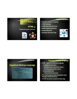 HTML 5  HTML Document Structure  HTML Common Elements the Past, the Present, the Future  Section Elements