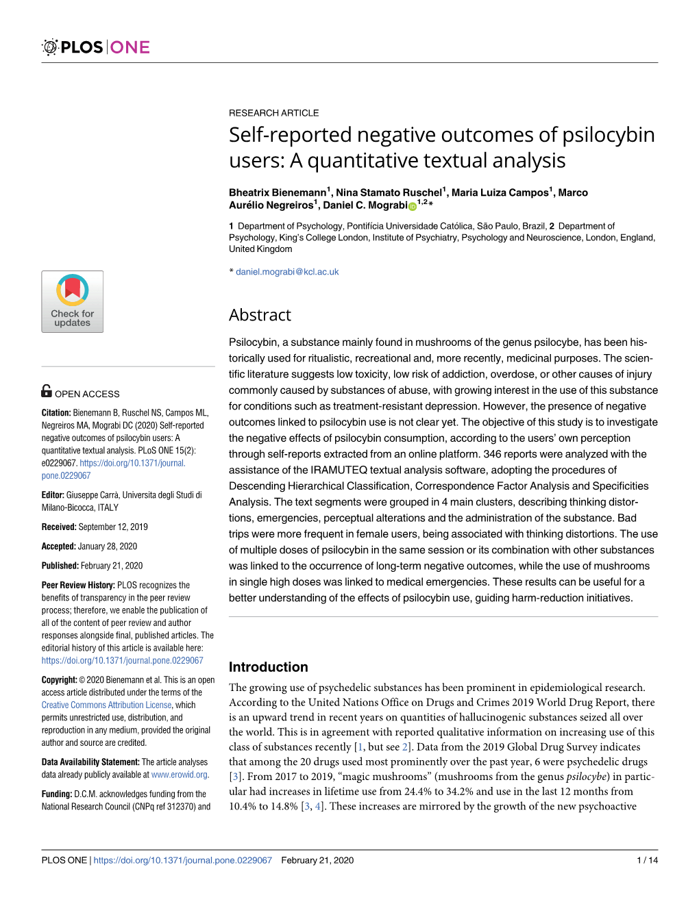 Self-Reported Negative Outcomes of Psilocybin Users: a Quantitative Textual Analysis