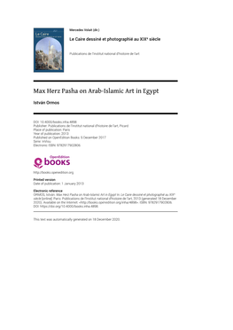 Max Herz Pasha on Arab-Islamic Art in Egypt
