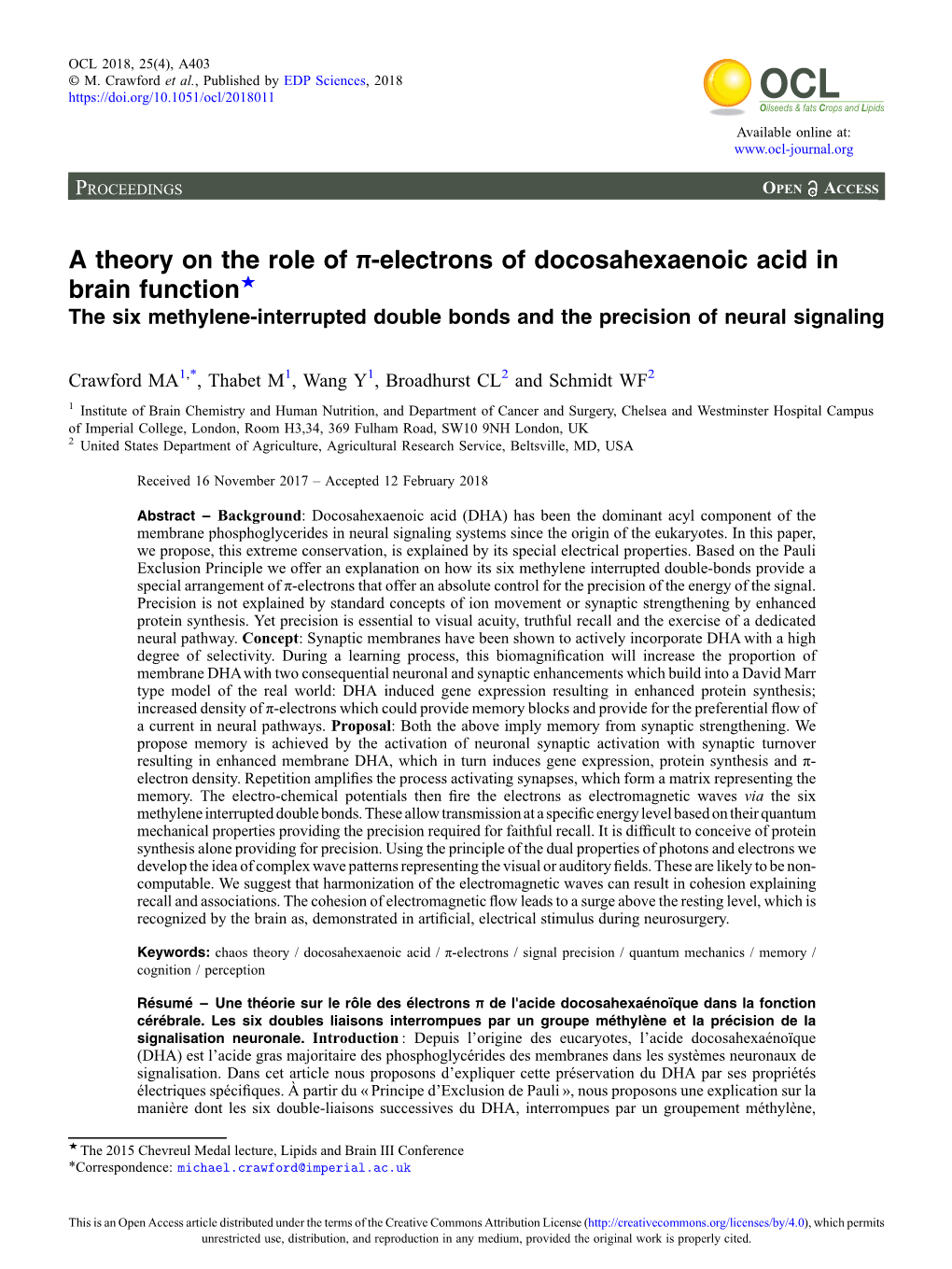 A Theory on the Role of Π-Electrons of Docosahexaenoic Acid in Brain Function★ the Six Methylene-Interrupted Double Bonds and the Precision of Neural Signaling