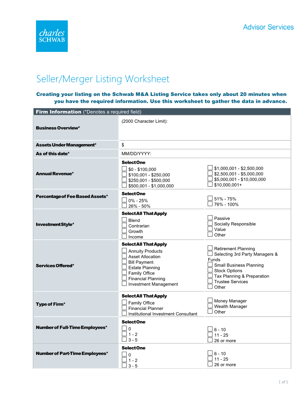 M&A Listing Service Seller/Merger Listing Worksheet