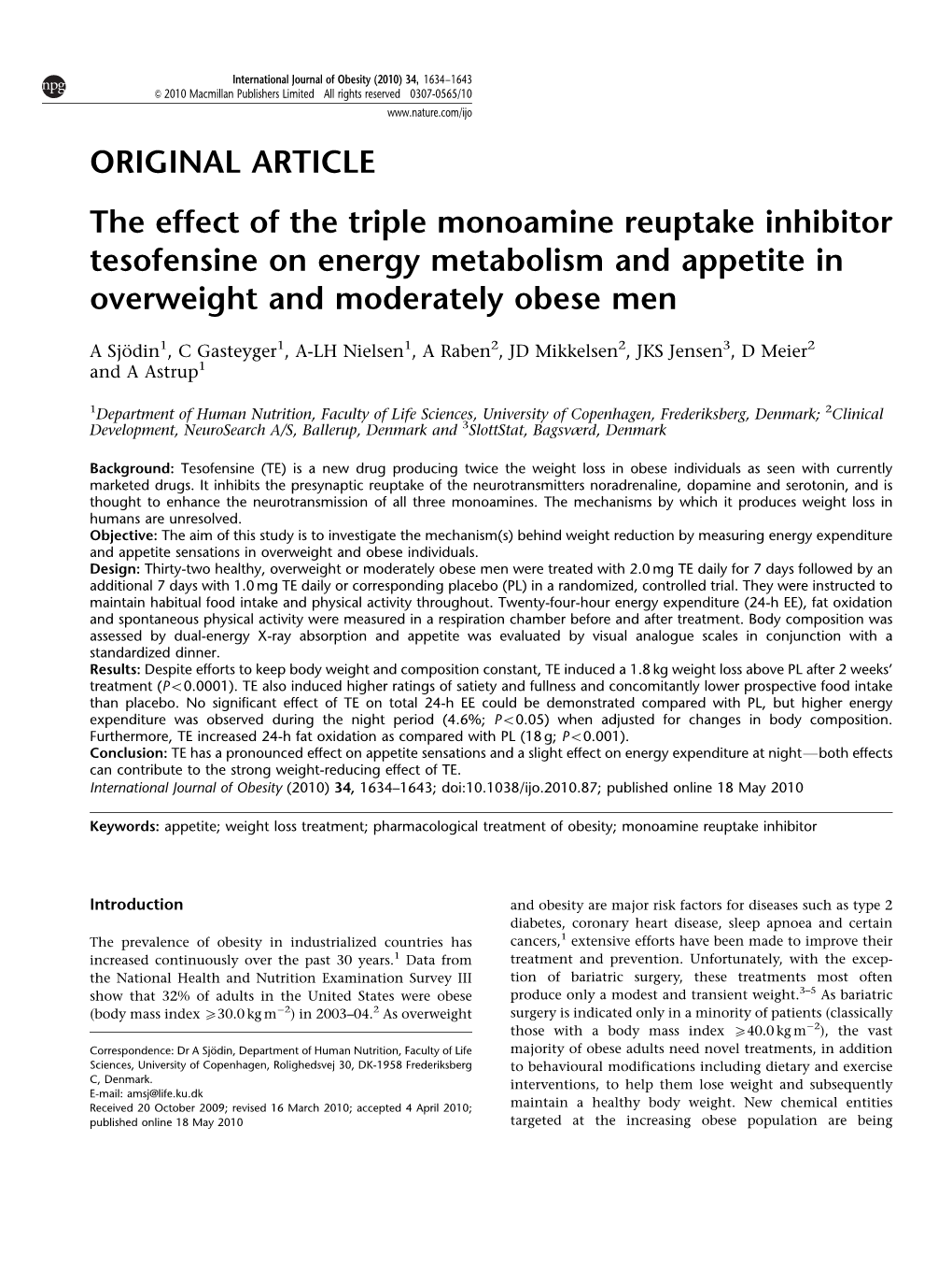 The Effect of the Triple Monoamine Reuptake Inhibitor Tesofensine on Energy Metabolism and Appetite in Overweight and Moderately Obese Men