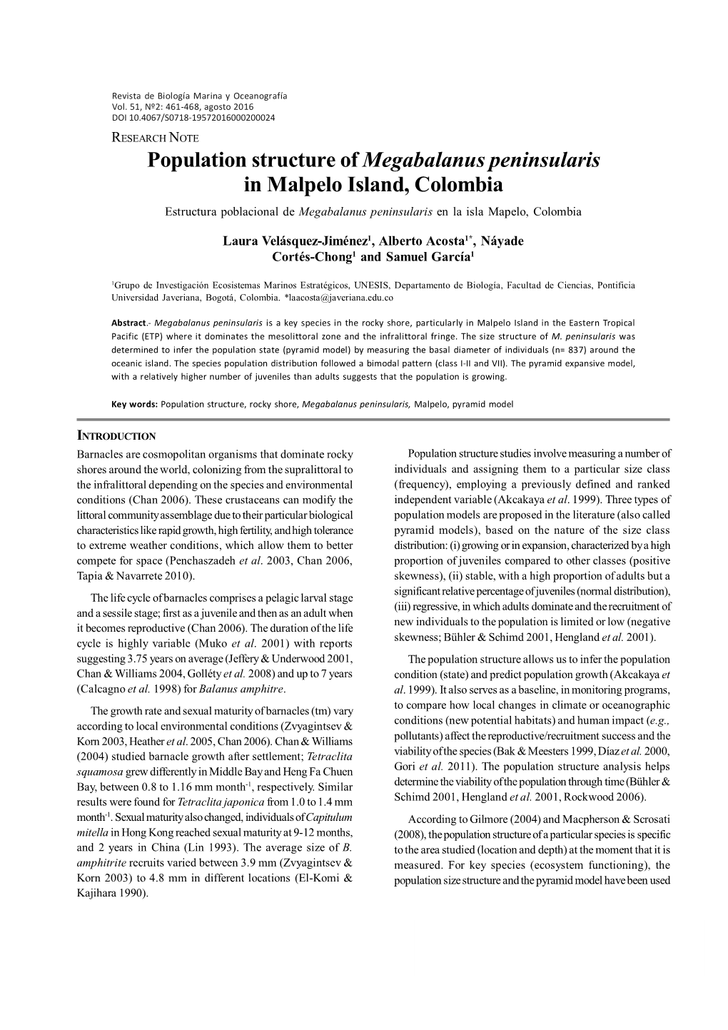 Population Structure of Megabalanus Peninsularis in Malpelo Island, Colombia Estructura Poblacional De Megabalanus Peninsularis En La Isla Mapelo, Colombia