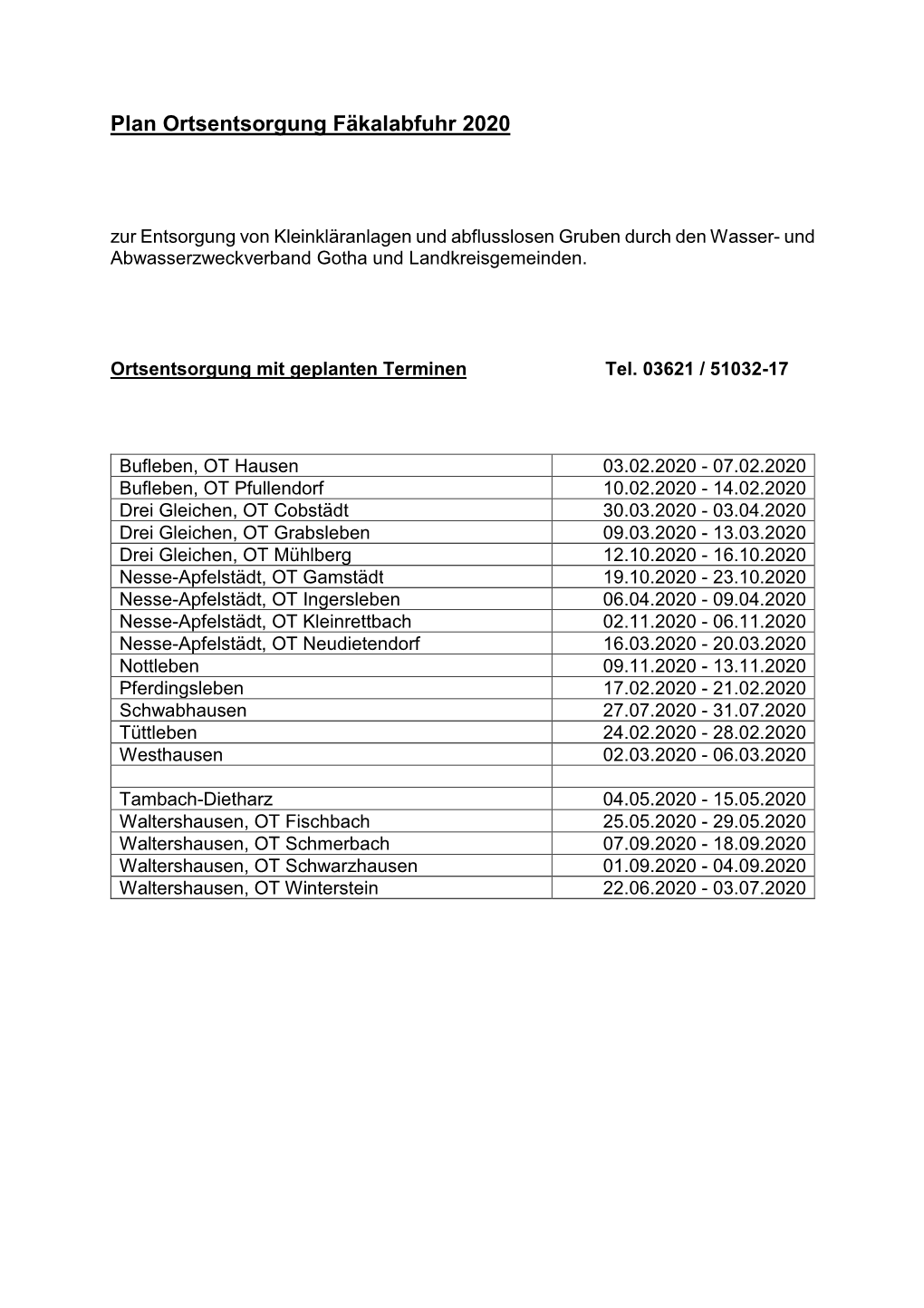 Plan Ortsentsorgung Fäkalabfuhr 2020