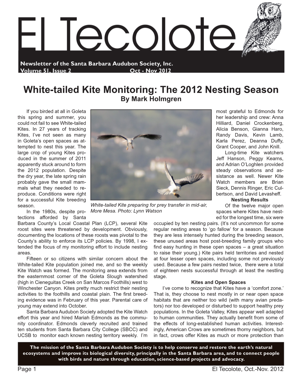 White-Tailed Kite Monitoring: the 2012 Nesting Season by Mark Holmgren