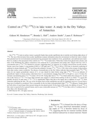 Control on ( U/ U) in Lake Water: a Study in the Dry Valleys of Antarctica