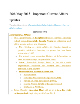 26Th May 2015 - Important Current Affairs Updates
