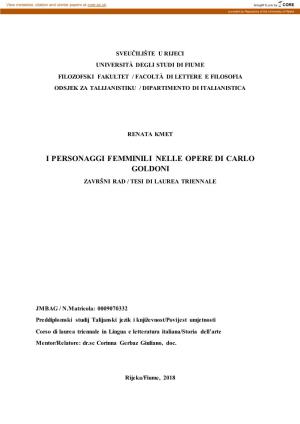 I Personaggi Femminili Nelle Opere Di Carlo Goldoni Završni Rad / Tesi Di Laurea Triennale