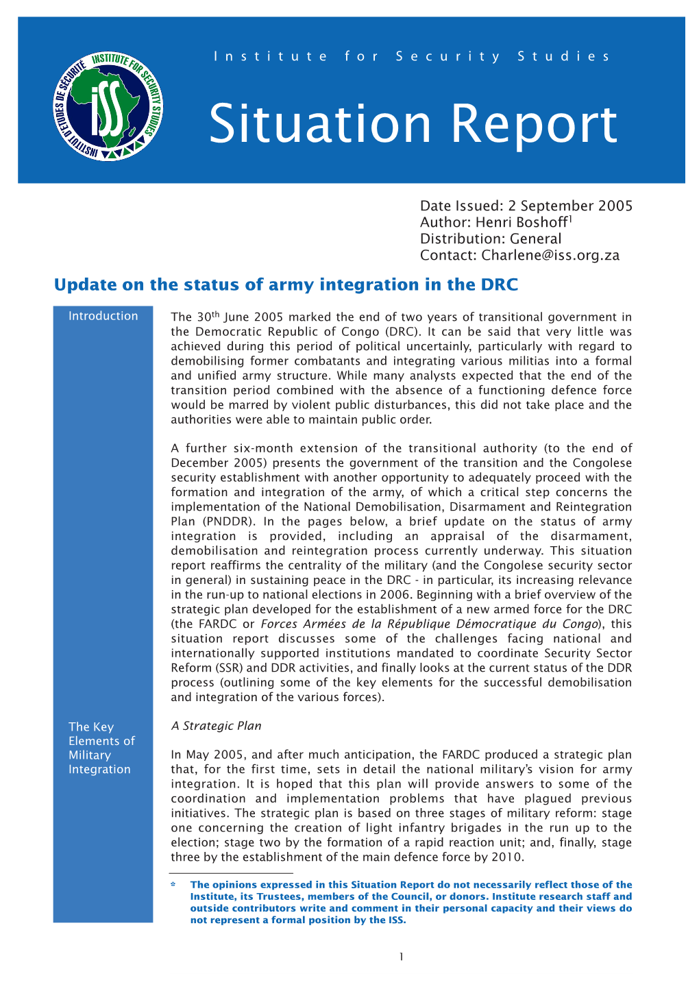 Update on the Status of Army Integration in the DRC