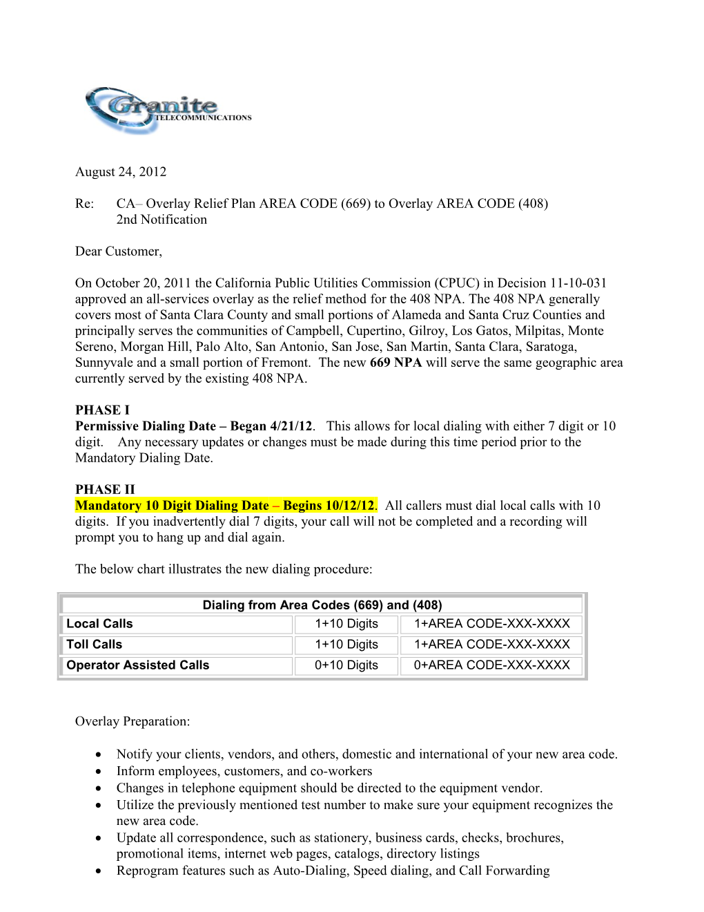 Re: CA Overlay Relief Plan AREA CODE (669) to Overlay AREA CODE (408)