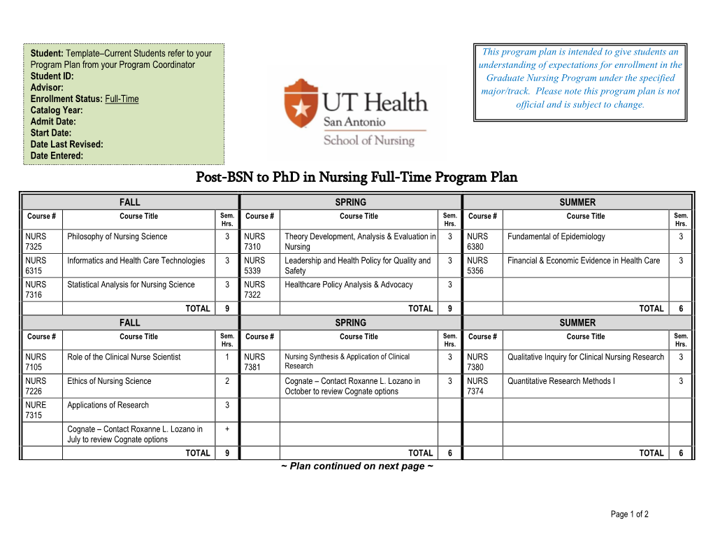 Post-BSN to Phd in Nursing Full-Time Program Plan
